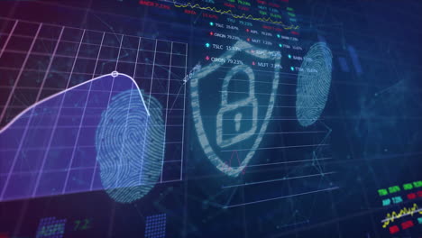 animación del icono del candado y procesamiento de datos financieros sobre huellas dactilares biométricas