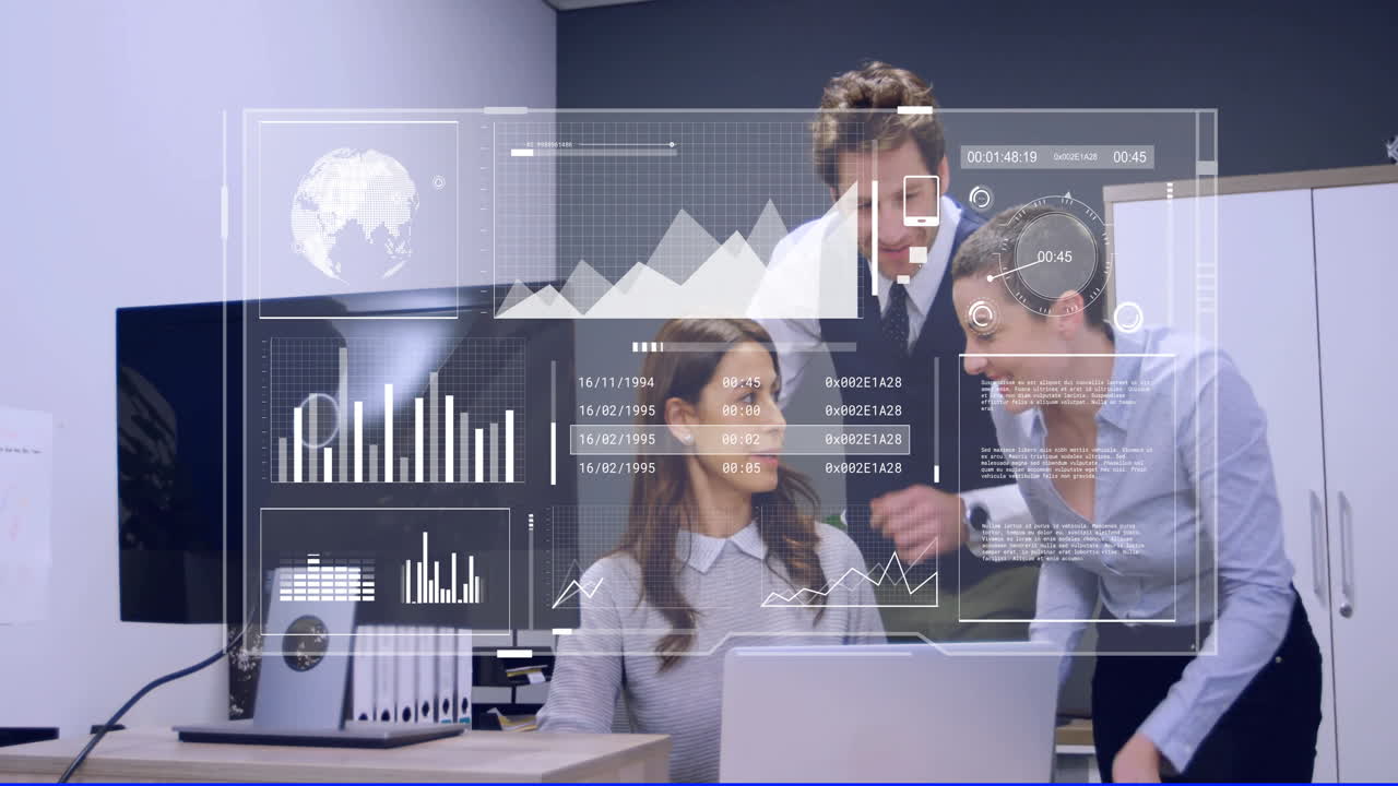 animación de análisis de datos de negocios sobre diversos colegas discutiendo el trabajo en la oficina