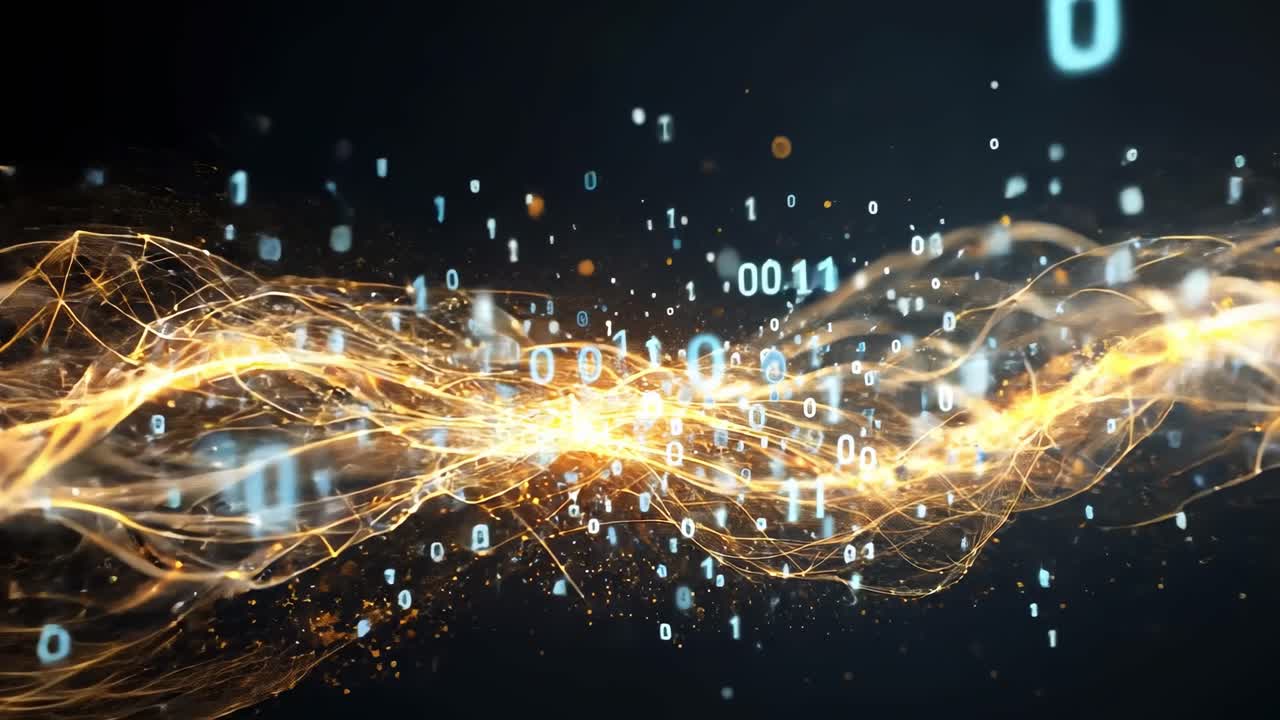 Digital transformation and data flow showcasing binary code and light effects in a futuristic setting