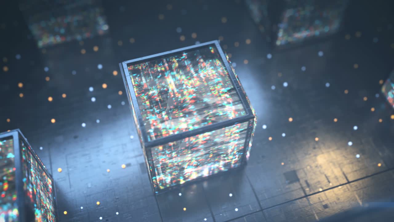 Cubes with glitching digital noise seamless loop 3D render animation