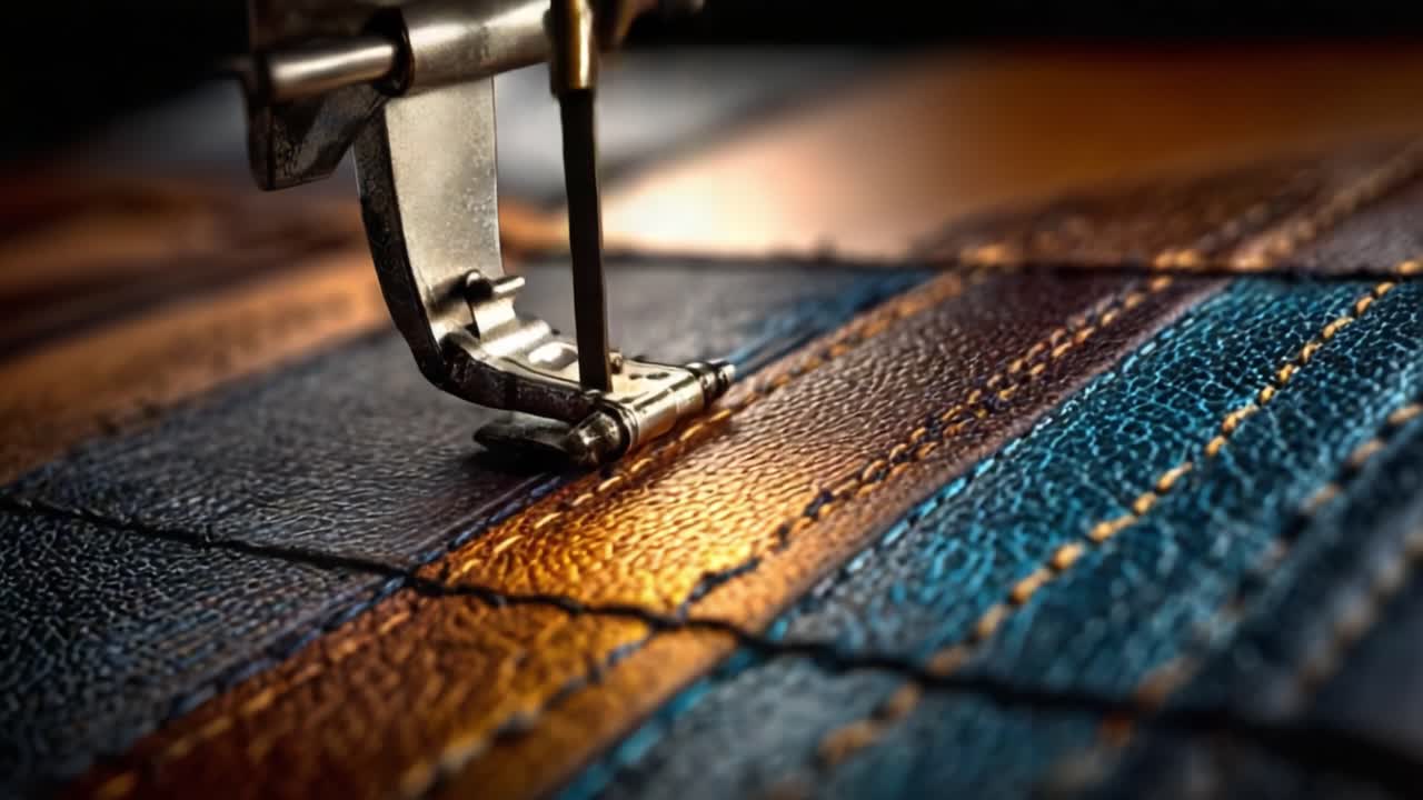 An Up-Close Look at the Precision of a Sewing Machine Stitched Beautifully on Textured Leather with Colorful Thread for a Stunning Visual Effect