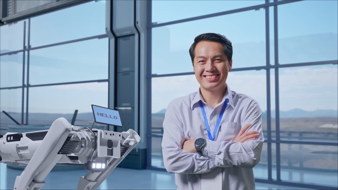 현대적인 시설에서 로과 함께 포즈를 취하는 엔지니어