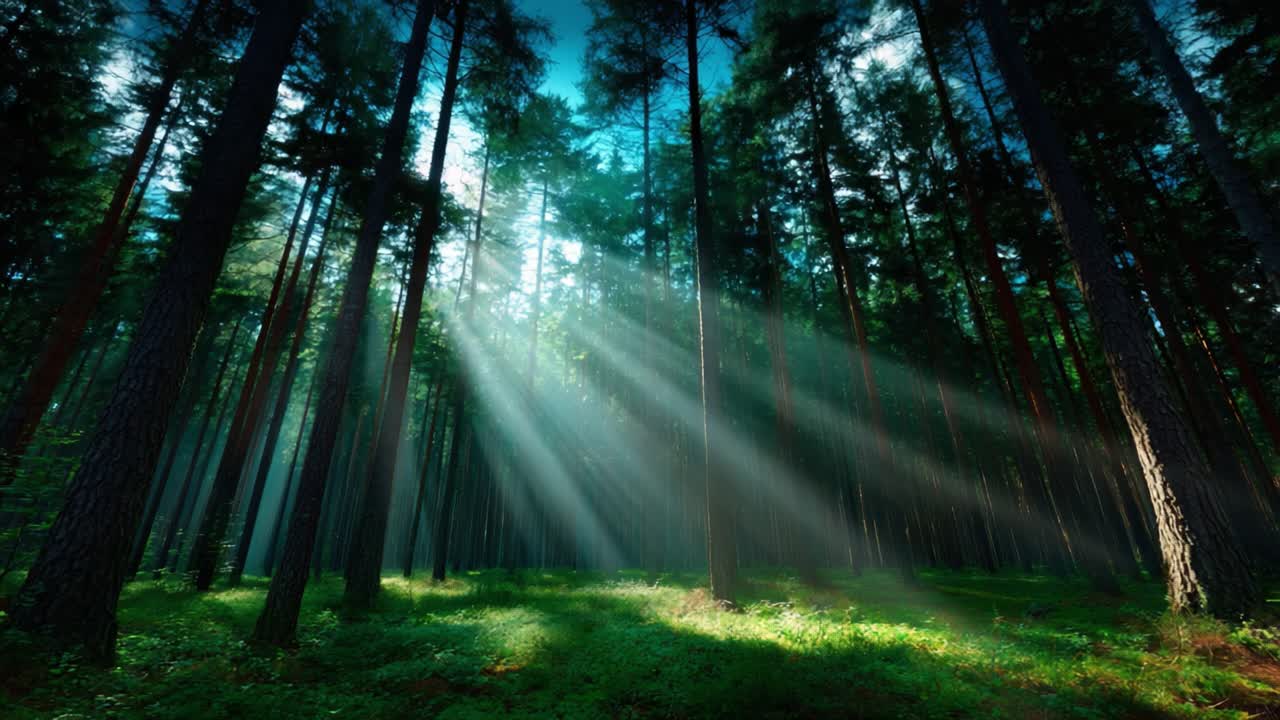 Enchanting Light Filtering Through Tall Trees in a Lush Forest Landscape, Creating a Dreamlike Atmosphere of Serenity and Natural Beauty
