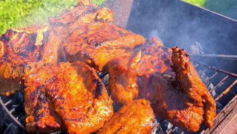 Grilling-Tandoori-chicken-outside-on-hot,-smoking-coals---isolated-close-up