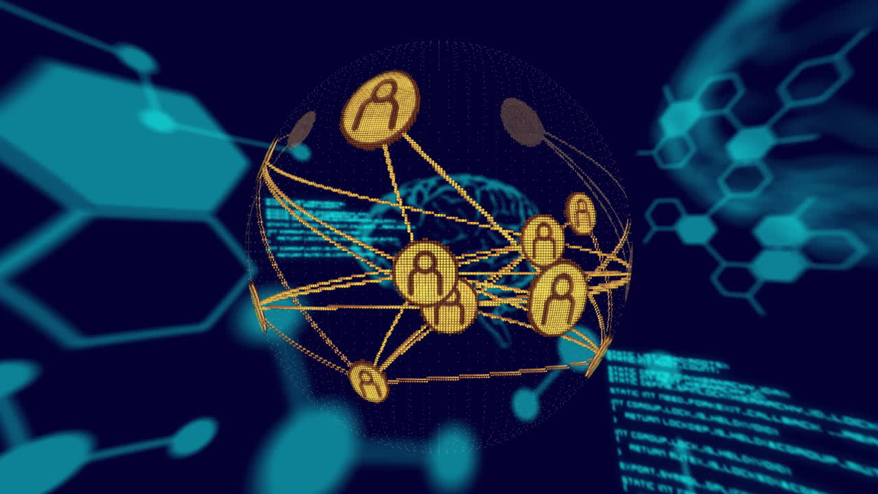 Animation of scientific data processing, brains and connections over dark background