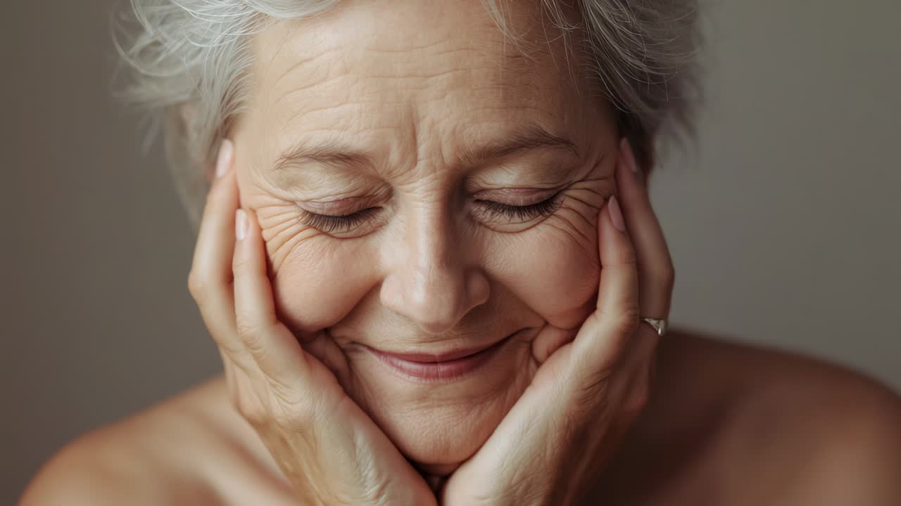 Smiling Senior woman opening eyes for portrait after cue, holding gaze and cupping cheeks with ring