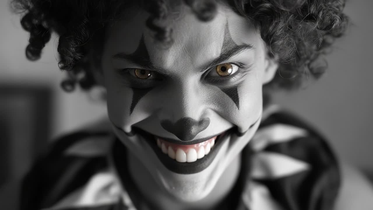 A Sinister Clown with Piercing Eyes Captivates in Two Frames, Showcasing a Mysterious Expression that Transitions from Intimidation to a Grinning Delight