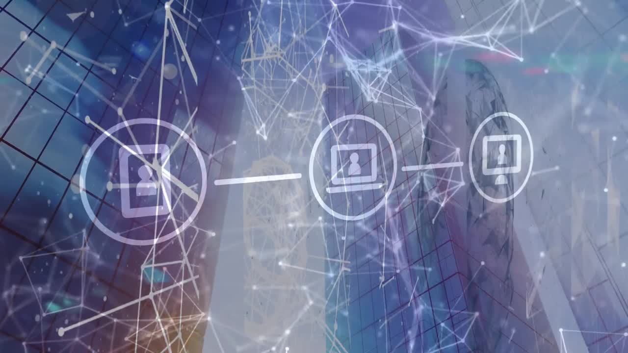 red de iconos digitales contra edificios altos