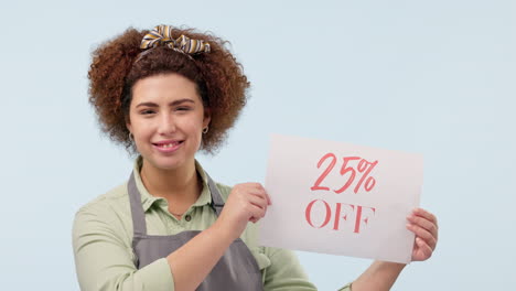 waitress, discount sign and face of woman