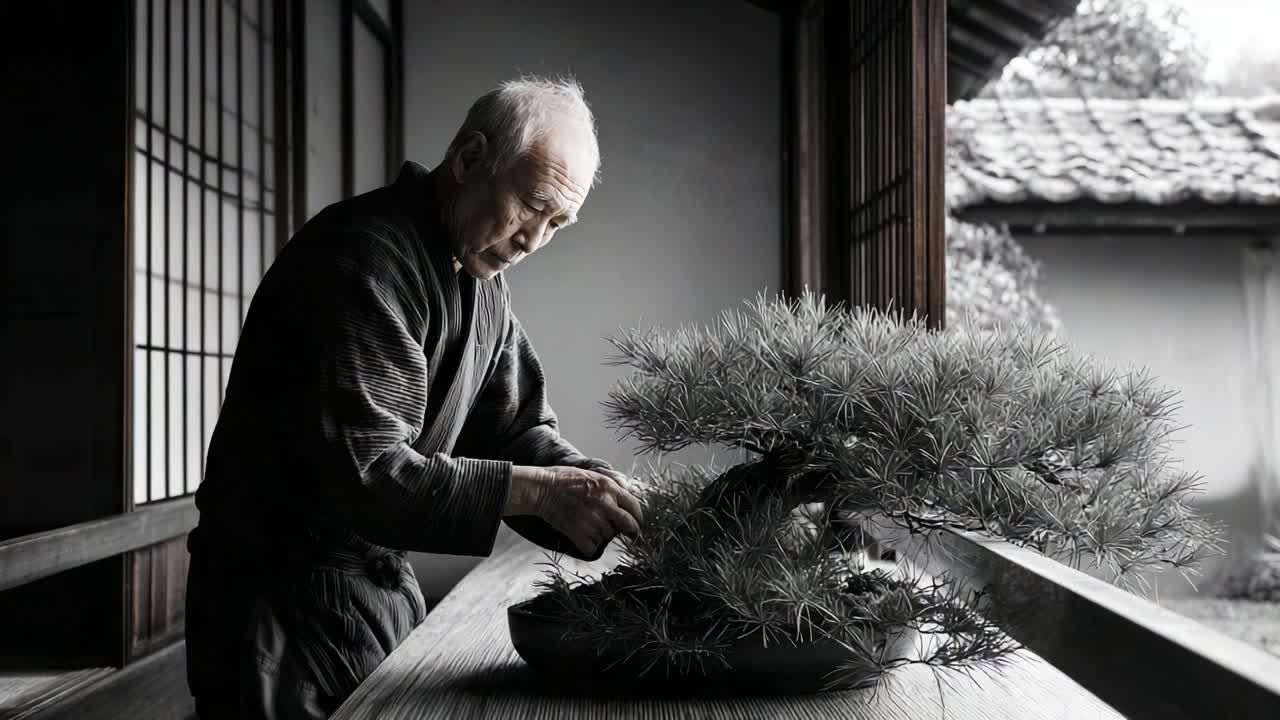 熟練した高齢の職人が、日本の伝統的な場所で盆栽を丁寧に剪定し、技術、忍耐、そして文化遺産を強調しています。