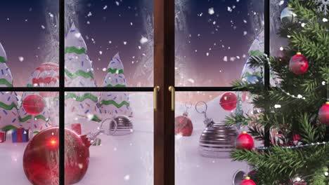 Animation-Von-Schnee,-Der-über-Den-Weihnachtsbaum-Fällt,-Und-Winterlandschaft,-Gesehen-Durch-Das-Fenster