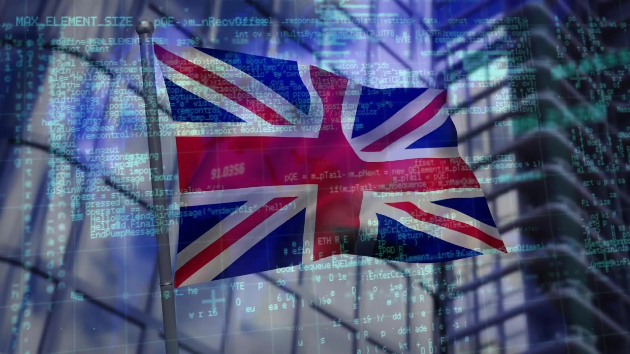 Animation af databehandling over viftende britisk flag og verdenskort mod høje bygninger