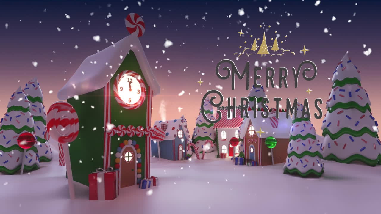 Snowy village scene with decorated houses and Merry Christmas text animation