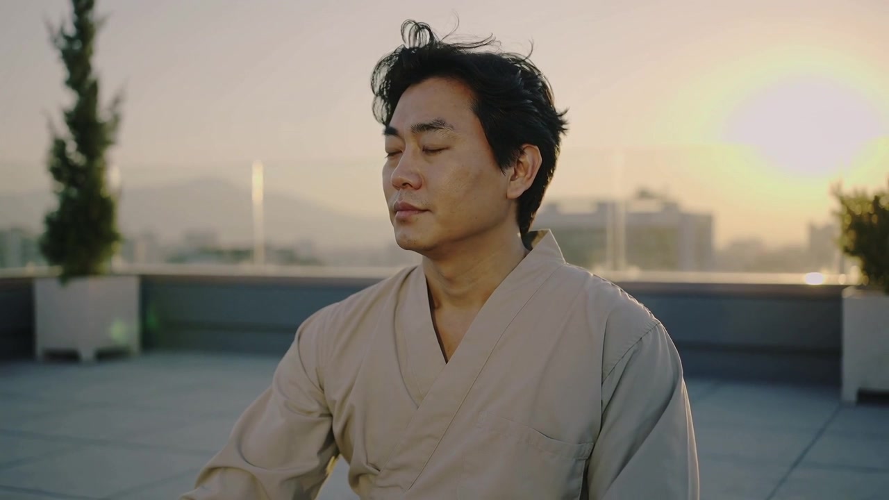 Reagendo alla luce del sole, un uomo alza e poi abbassa gli occhiali da sole su un tetto, in kimono beige, osservando il sole.
