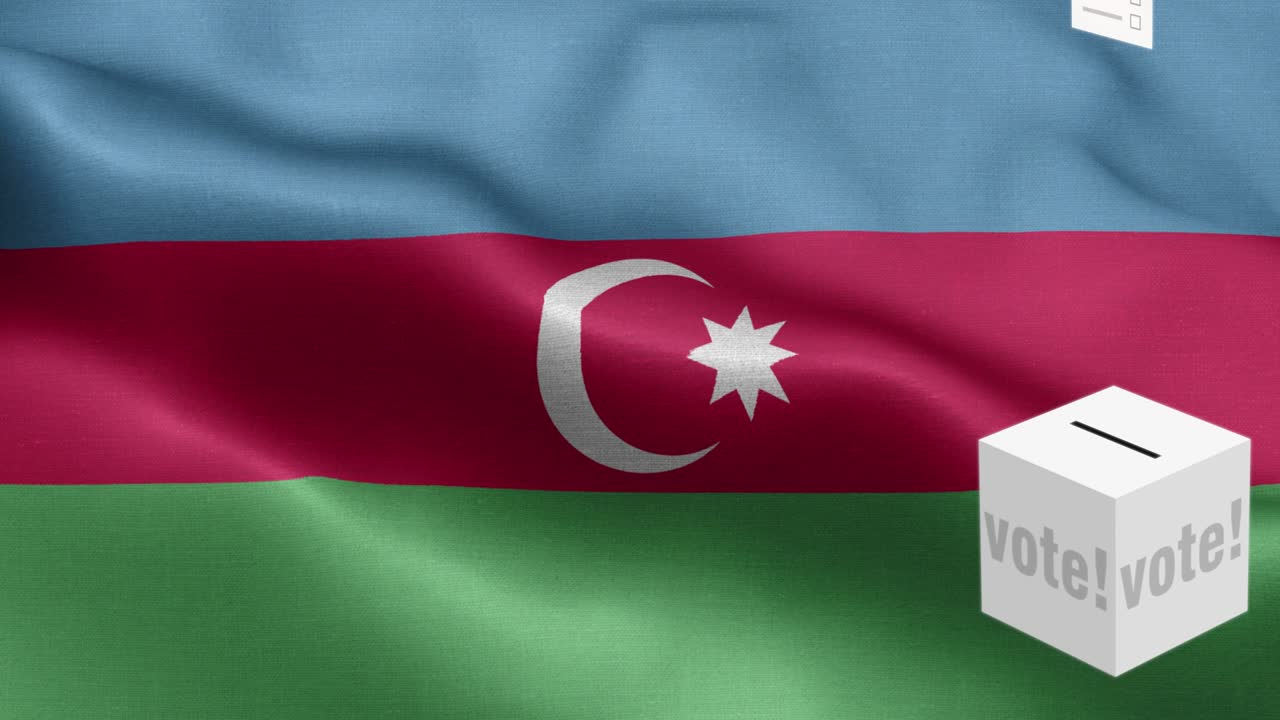 las papeletas de votación vuelan a la caja para la selección de azerbaiyán - caja de votación frente a la bandera - elección - voto - bandera de azerbaiyón - bandera de azerbaijan con alto detalle - bandera nacional de azerbaiján patrón de ondas elementos loopables - textura de tela y bucle sin fin
