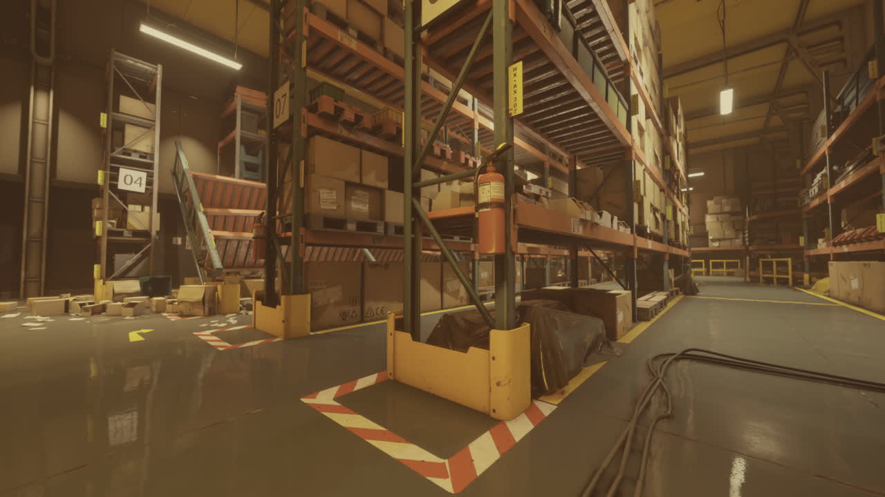 Warehouse interior with storage racks filled with boxes and pallets