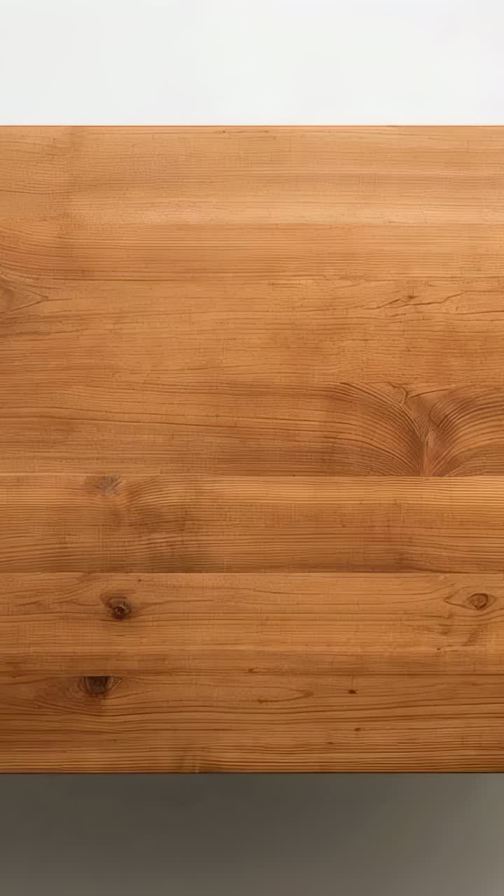 Video verticale: telecamera che riprende un tavolo di legno su un bancone da studio, mostrando venature e nodi