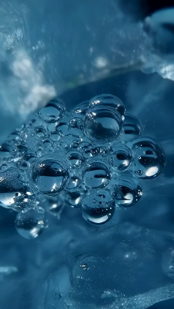 Video verticale: camera che si avvicina, bolle trasparenti che si formano in laboratorio su gel blu, che mostrano le particelle
