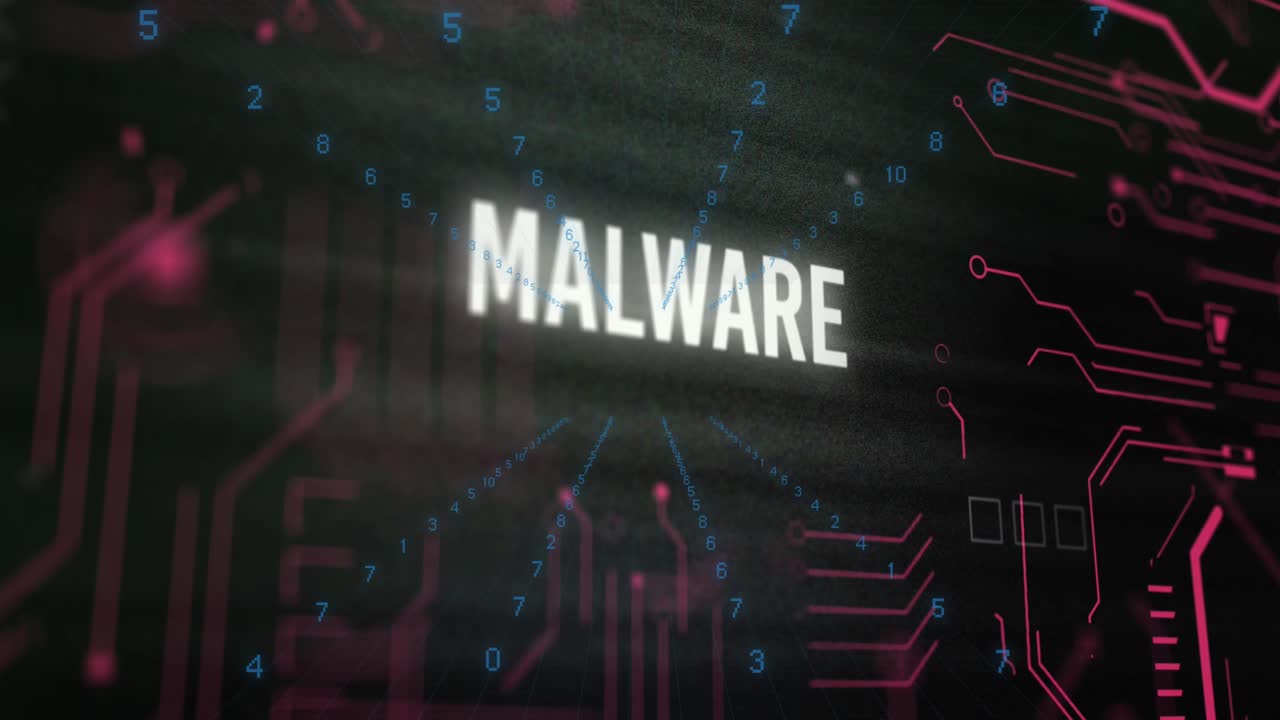 Animation of x symbol on malware text in changing numbers tunnel with circuit board pattern