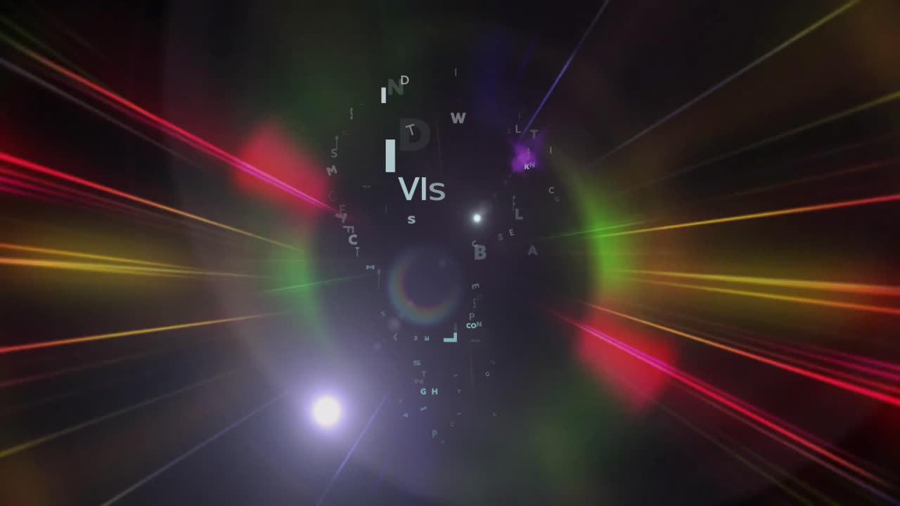 Animation of light bulb with texts over colourful light on black background