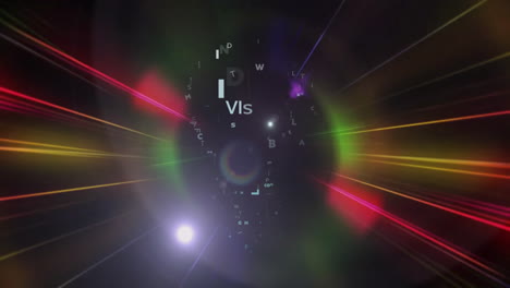 animation of light bulb with texts over colourful light on black background