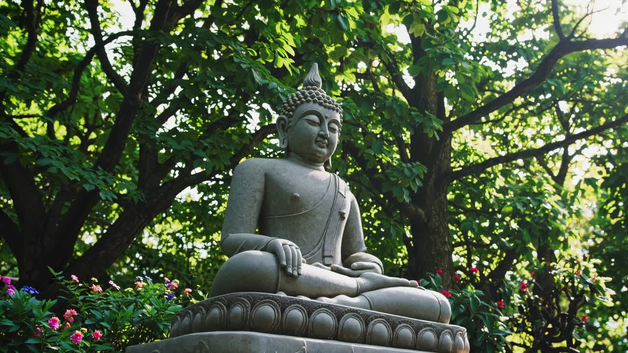 Low-angle shot of a serene Buddha statue surrounded by lush greenery, capturing a peaceful