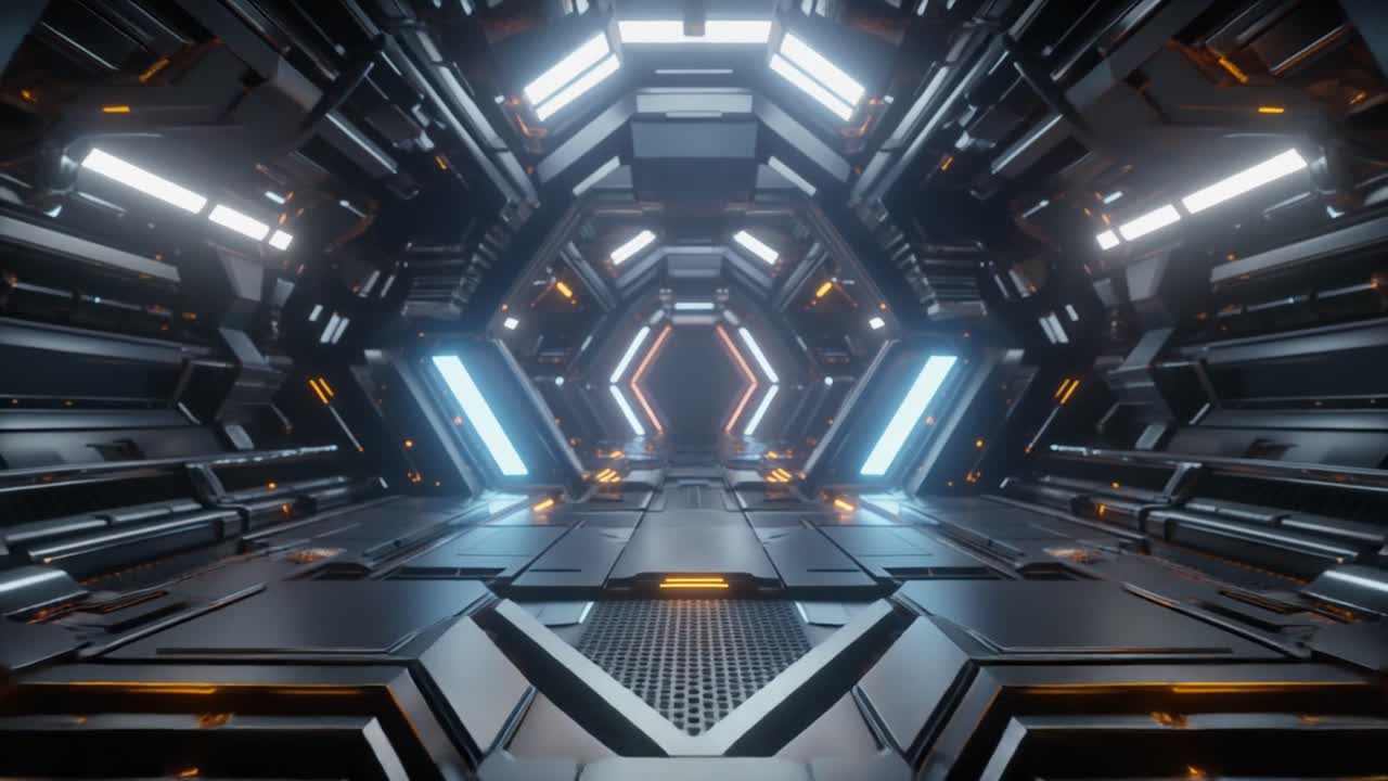 Volo attraverso un tunnel esagonale futuristico di fantascienza con luci luminose
