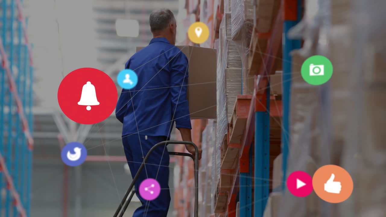Warehouse worker organizing boxes with social media icons overlay animation