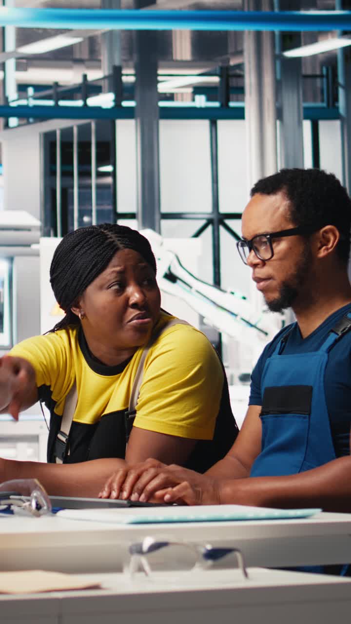 Vertical Video Factory workers team check solar energy system diagnostics on PC
