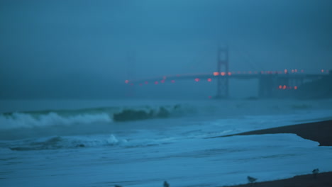 mañana brumosa en la playa de baker con una vista del puente golden gate y pájaros sanderling corriendo a lo largo de la costa