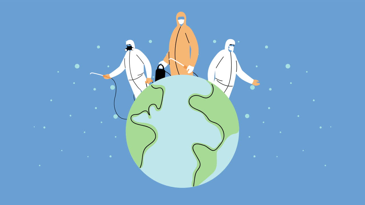 생물 안전복과 소독제 스프레이를 착용한 노동자들이 지구 행성에서 근무하고 있습니다.