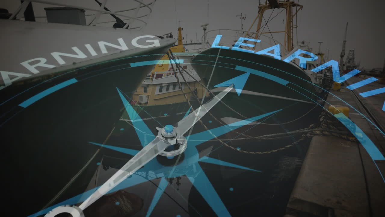 Compass animation with LEARNING text over industrial harbor scene