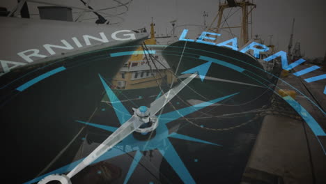 compass animation with learning text over industrial harbor scene