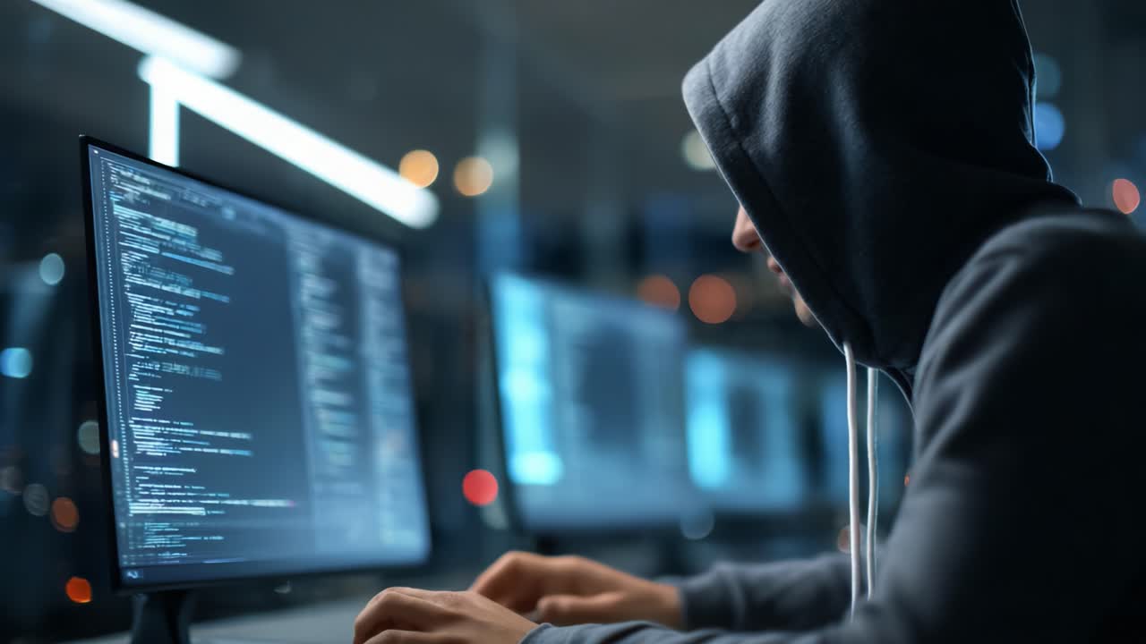 A Focused Programmer in a Dark Room: Diving Deep into Code with Multiple Monitors Illuminated by Screen Light and Reflecting Intense Concentration