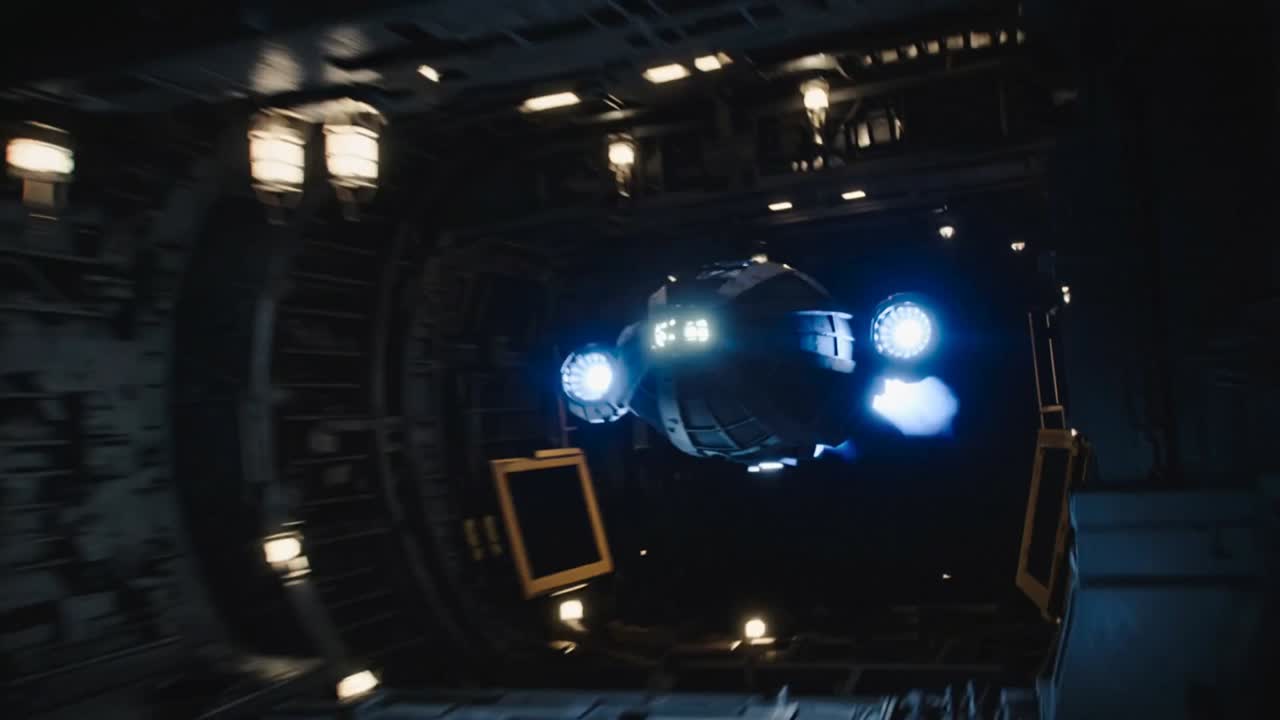 Navetta monoposto con motori posteriori in funzione che esce dall'hangar presso una megastruttura danneggiata, evitando i detriti