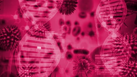 Animation-Von-DNA-Strängen-Und-Viruszellen-Auf-Rotem-Hintergrund