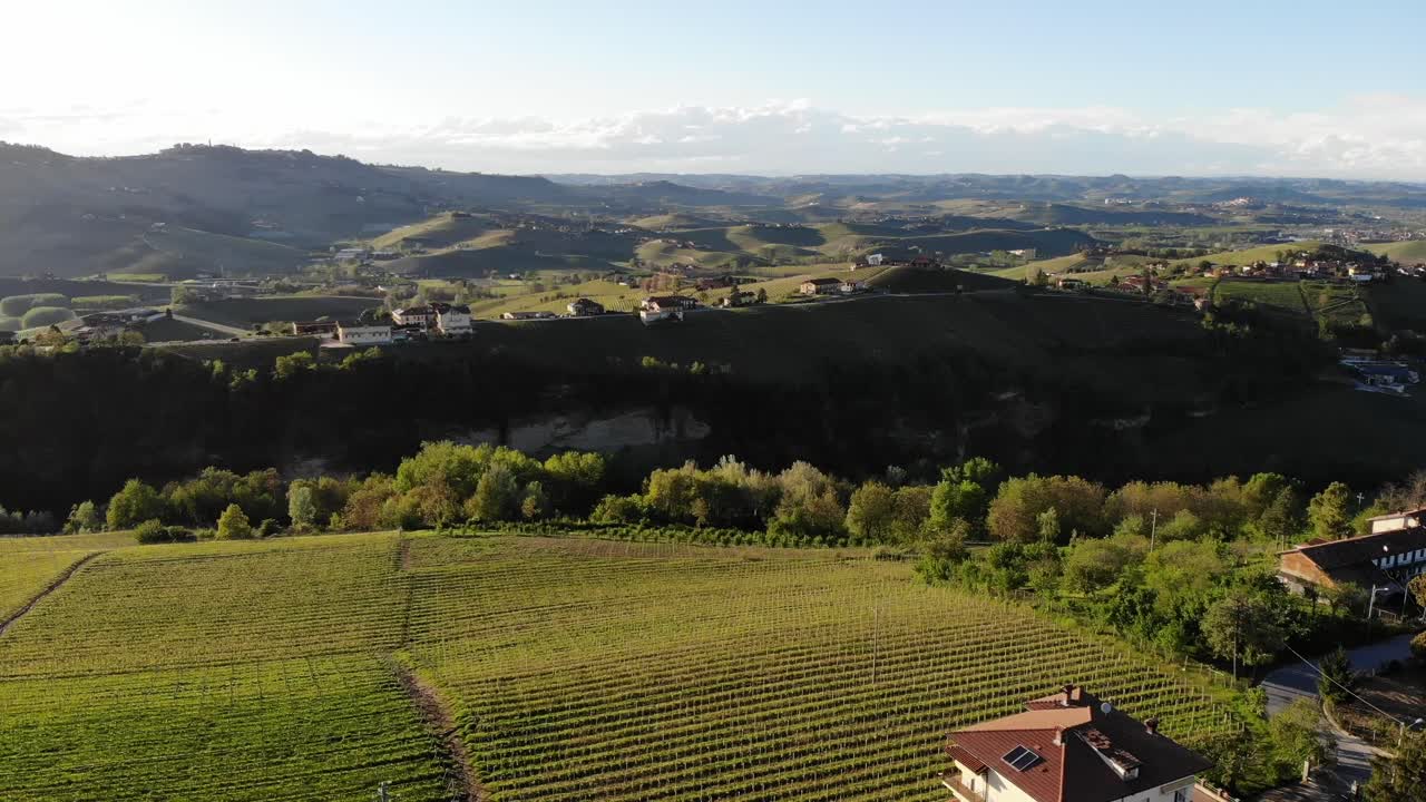 un dron de aire mavic avanzando sobre las increíbles colinas y el paisaje verde de langhe durante la hora dorada de un día soleado perfecto
