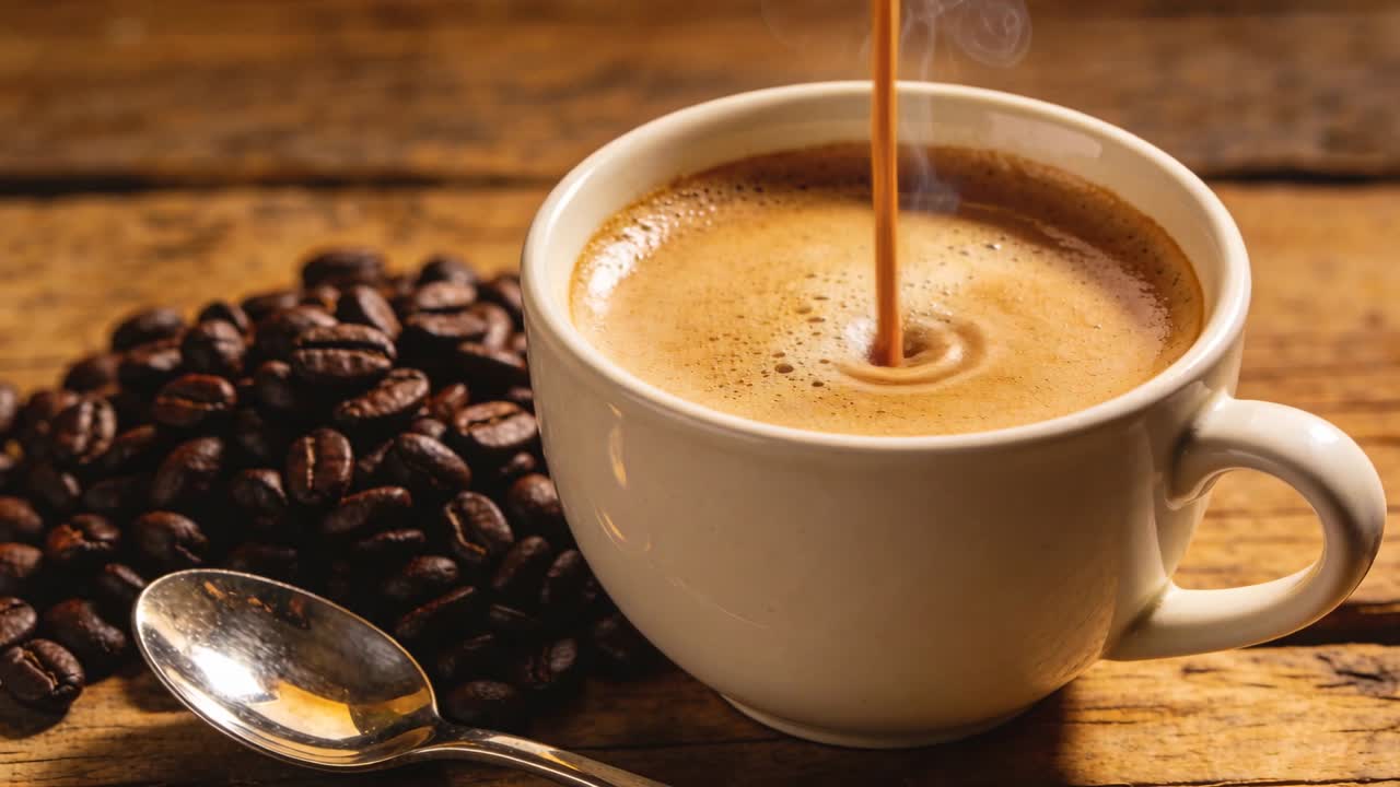 Damp stiger op fra varmen, en hvid kop danner cremarippel på et træbord med kaffebønner og en ske.