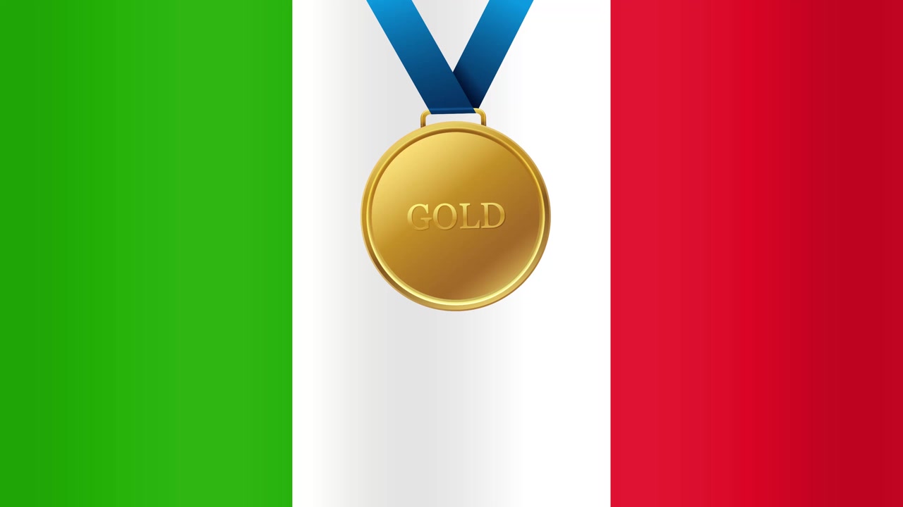 Sfondo con bandiera italiana che sventola e una medaglia d'oro che scende su un nastro blu