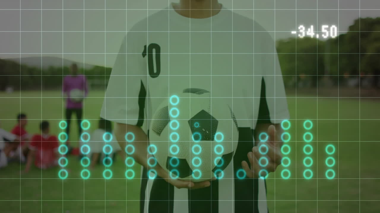 Male soccer player holding ball center on field, showing sports tech grid and glowing bar charts