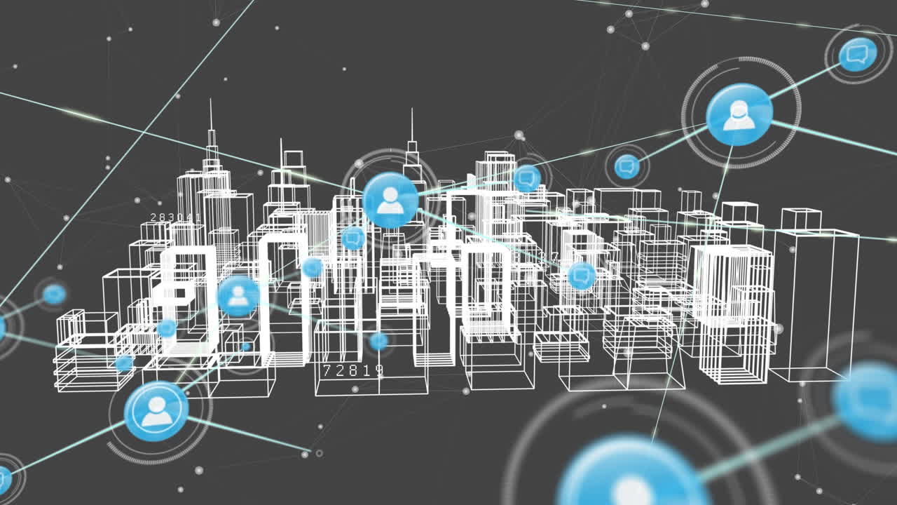 검은색 배경에 디지털 도시에 대한 연결 네트워크의 애니메이션