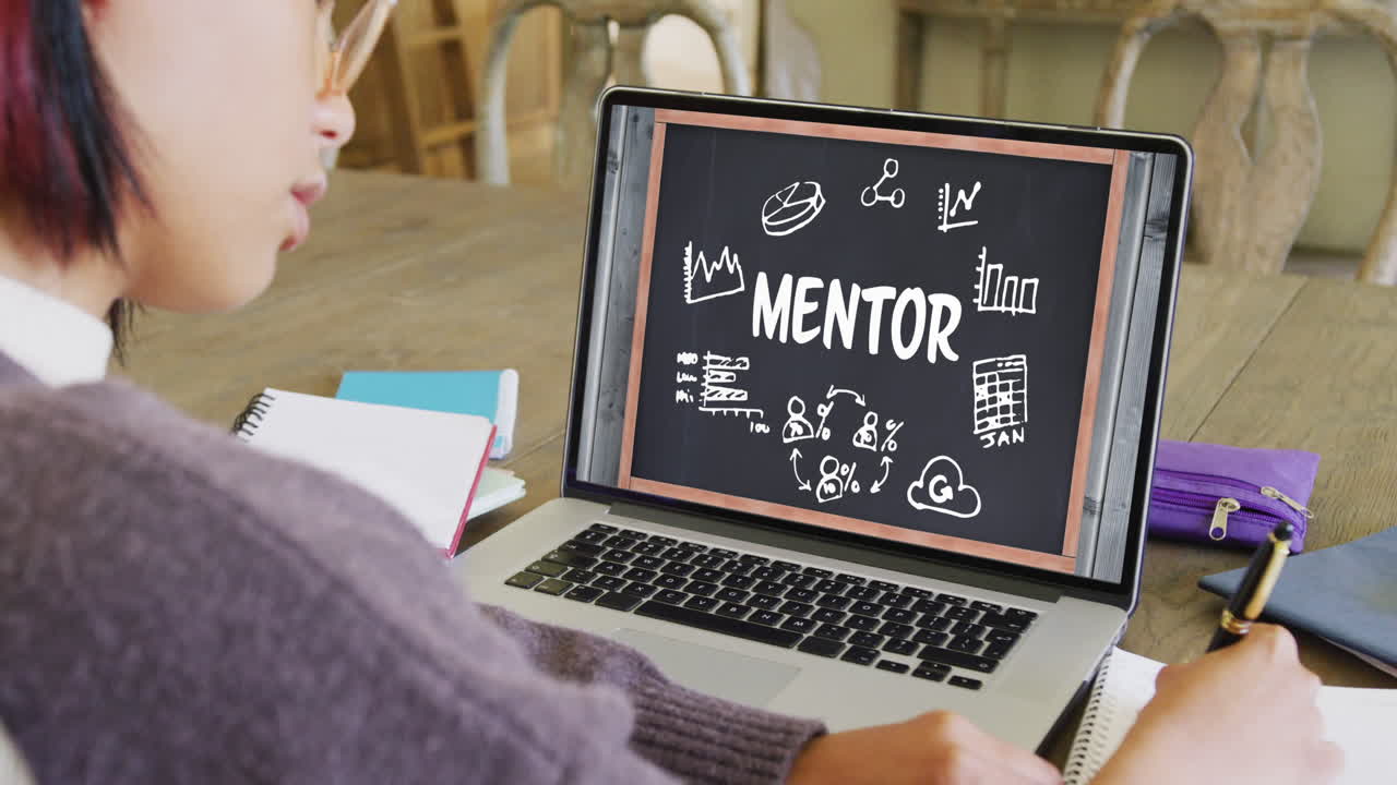 composición de estudiante asiática en computadora portátil aprendizaje en línea con texto y iconos de mentor