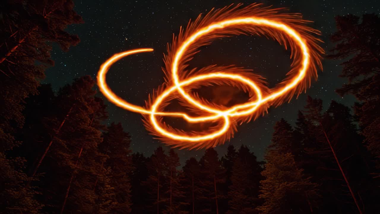 Illuminating the Night Sky: A Mesmerizing Display of Fiery Light Trails Creating Infinity Patterns Above a Serene Forest Landscape Under a Starry Sky