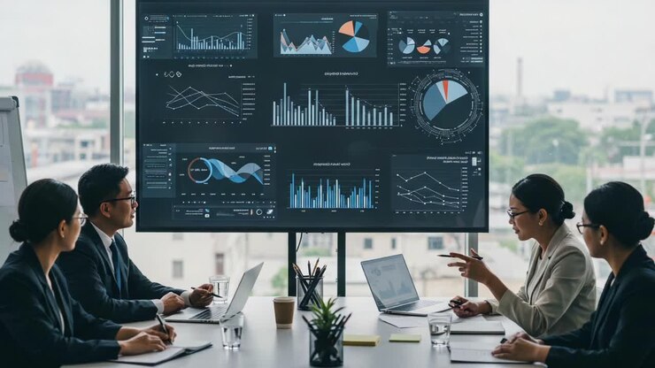 A Group of Professionals Engaged in a Dynamic Business Meeting, Analyzing Data Visualizations on a Large Screen Display, with Insights Drive Collaboration and Decision-Making
