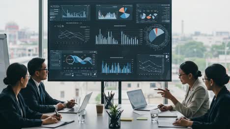 a group of professionals engaged in a dynamic business meeting, analyzing data visualizations on a large screen display, with insights drive collaboration and decision-making
