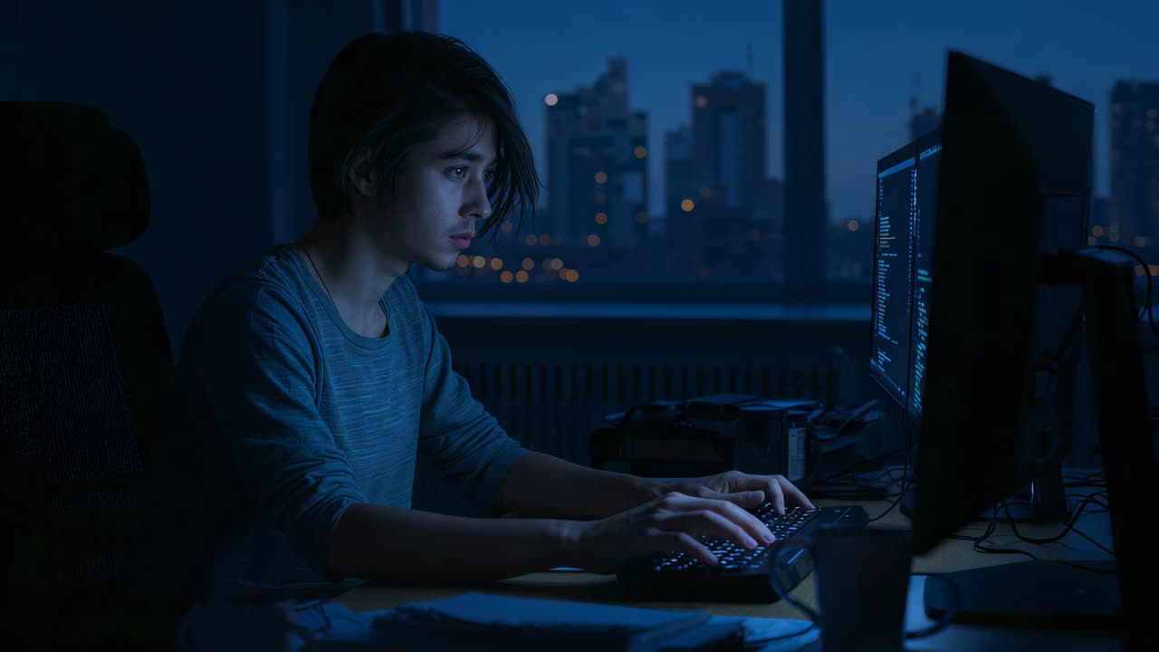 Typing coder in long-sleeve shirt coding on monitor using backlit keyboard by window late