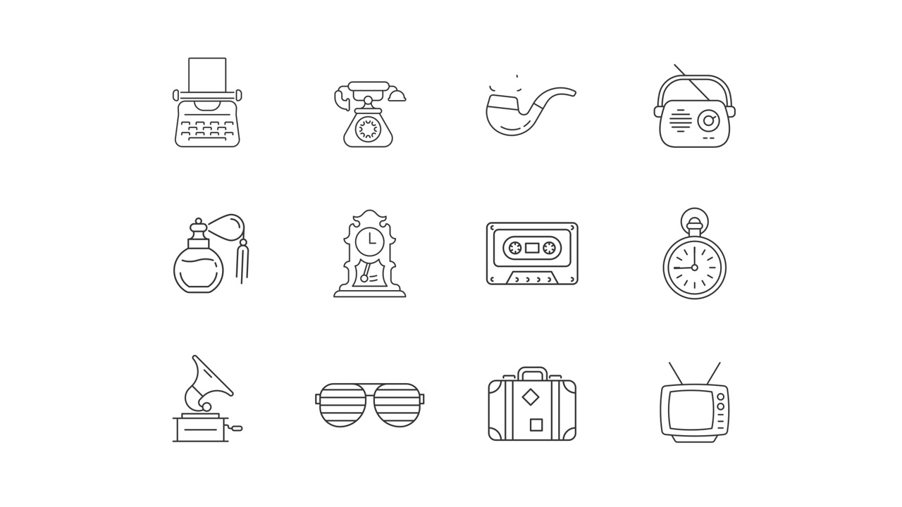 Animated Line Art Icons of Vintage and Retro Objects