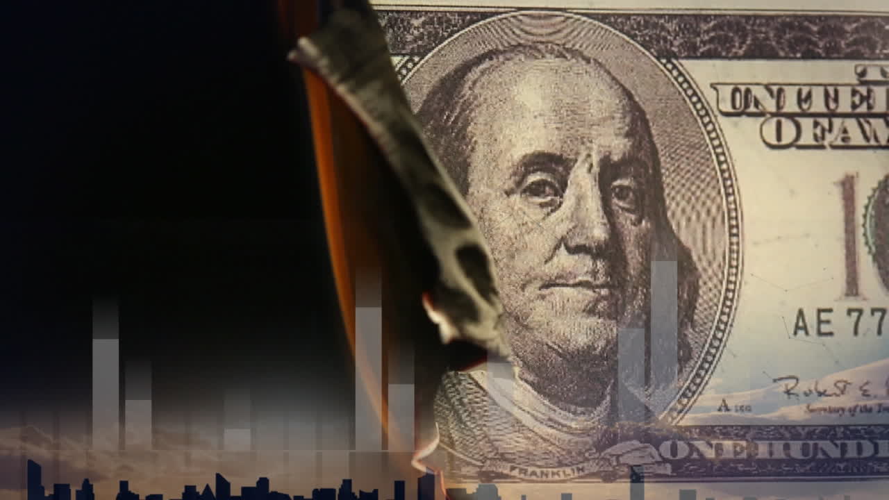 анимация сжигания стодолларовой банкноты над барными графиками на черном фоне