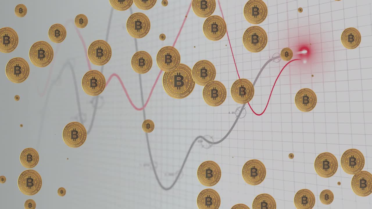 animación de bitcoins sobre un gráfico sobre un fondo gris