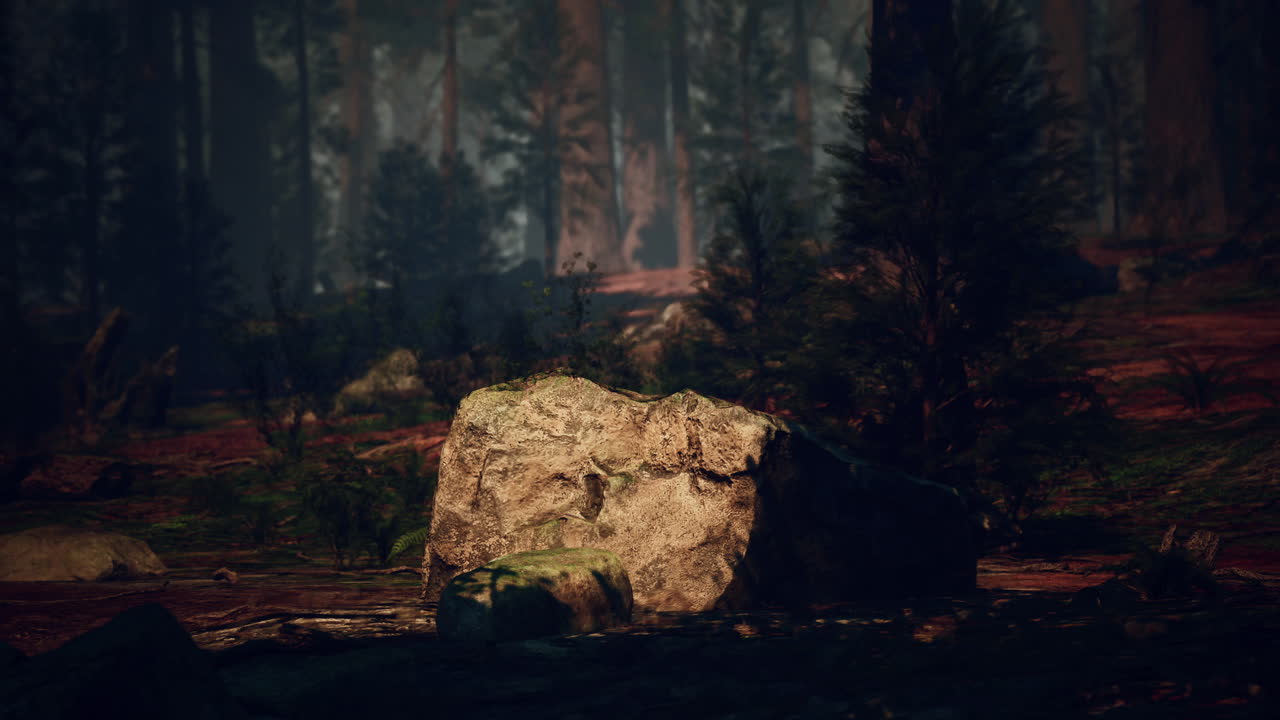 un bosque de niebla con una gran roca en el primer plano